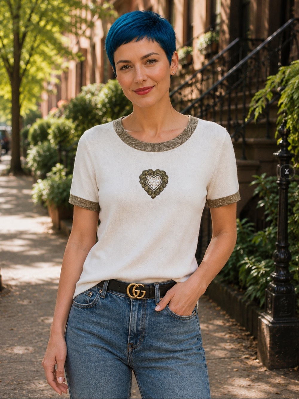Vintage Escada Margaretha Ley Beaded Heart Sweater Cream Gold EU 40